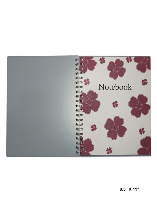 Image of hand-made 8.5" x 11" notebook with red flowers around the cover making it more vibrant. The notebook's pages are lined for writing or journaling 