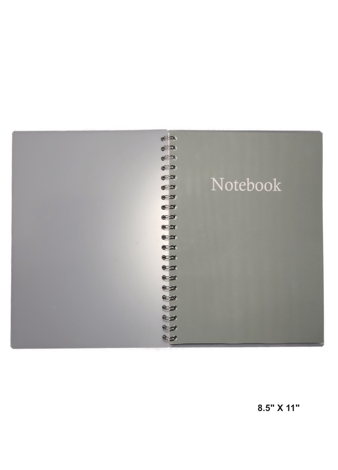 Image of hand-made 8.5" x 11" notebook with solid green color. The notebook's pages are lined for writing or journaling. 