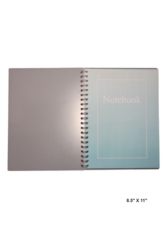 Image of hand-made 8.5" x 11" notebook with ombre teal color cover. The notebook's pages are lined for writing or journaling.