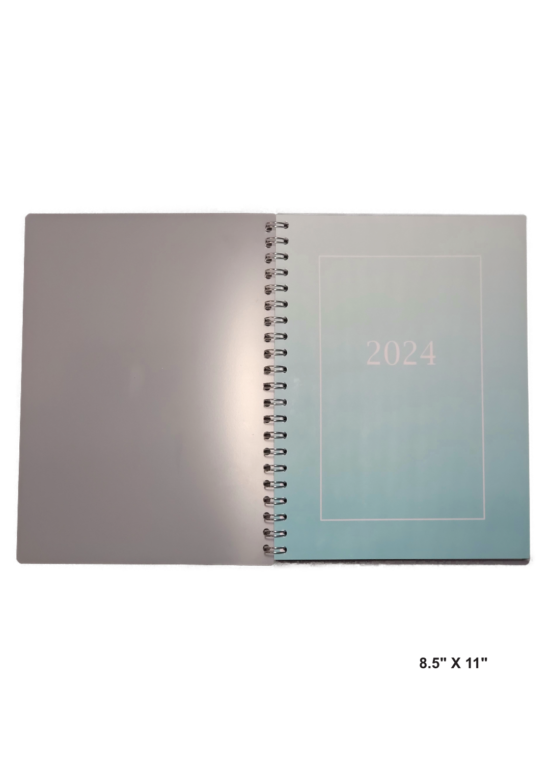 Image of a hand-made 8.5" x 11" 12 month planner with ombre teal color. Great for planning and organization.