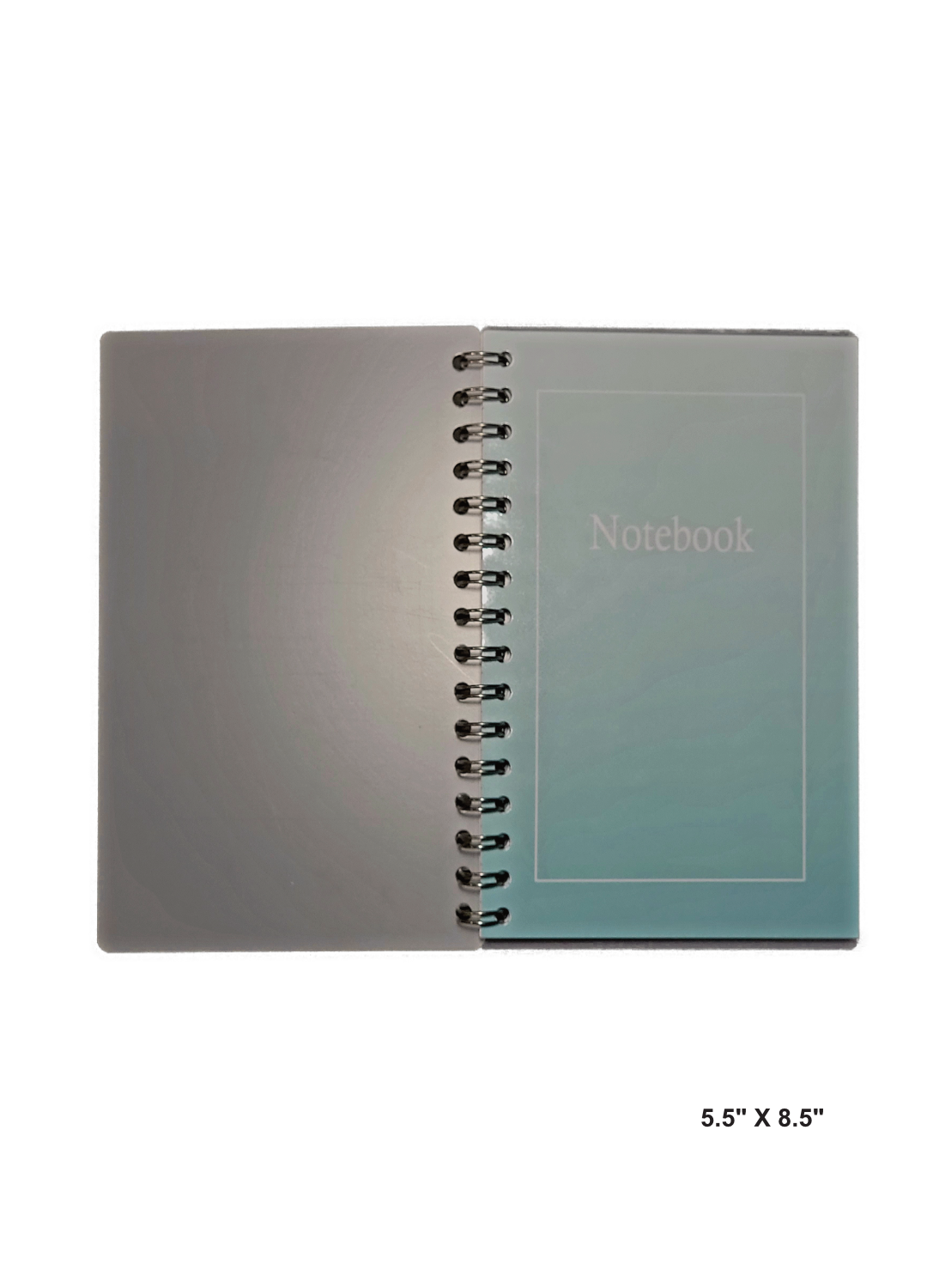 Image of hand-made 5.5" x 8.5" notebook with teal ombre color cover. The notebook's pages are lined for writing or journaling.