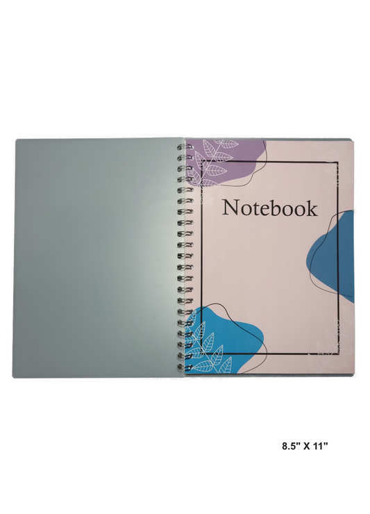 Image of hand-made 8.5" x 11" notebook with abstract color and designs. The notebook's pages are lined for writing or jornaling.